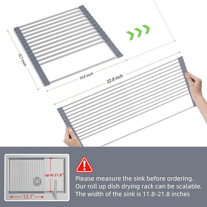 BBXTYLY Expandable Roll Up Dish Drying Rack Up to 22.8''with 2 Storage Baskets,Over The Sink Kitchen Rolling up Dish Drainer Drying Rack, Foldable,Rollable,for Kitchen Dishes(Expandable Width Size)