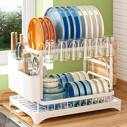 Kitchen Dish Drying Rack,2 Tier Dish Drying Rack with Draining Board, Kitchen Countertop Organizer, Multi-Use Utensil Organizer and Cup Holder, White