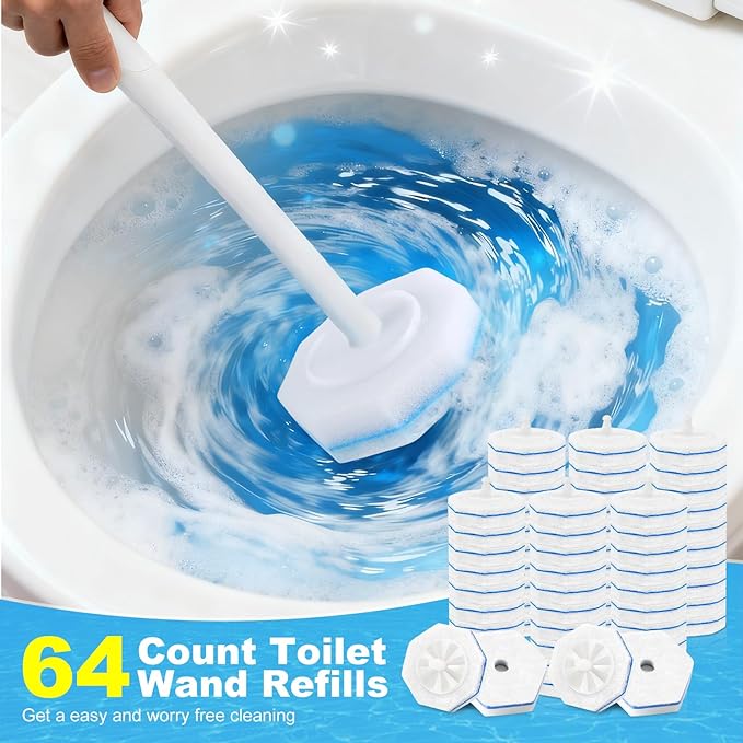 64Pcs Disposable Toilet Wand Refills for Clorox, Toilet Bowl Cleaners Scrubber, 5X Cleaning Exclusive Upgrade Formula Disposable Toilet Bowl Wand Refills Replacement Cleaner Brush Heads