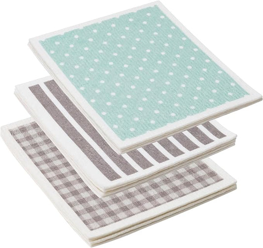 Martha Stewart Swedish Kitchen Absorbent Sponge Dish Cloths, Polka Dot, Stripes, and Gingham Assorted Prints, 12 Count