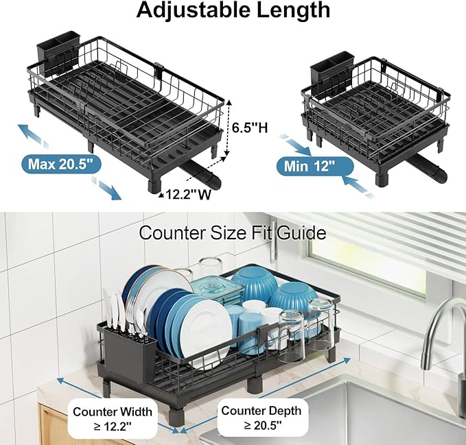 GSlife Expandable Dish Drying Rack with Drainboard, Compact Rustproof Dish Rack for Kitchen Counter, Ultra-Sturdy Space Saver with Cup Holder for Small Apartment,12.2" W x 12"-20.5" L, Black