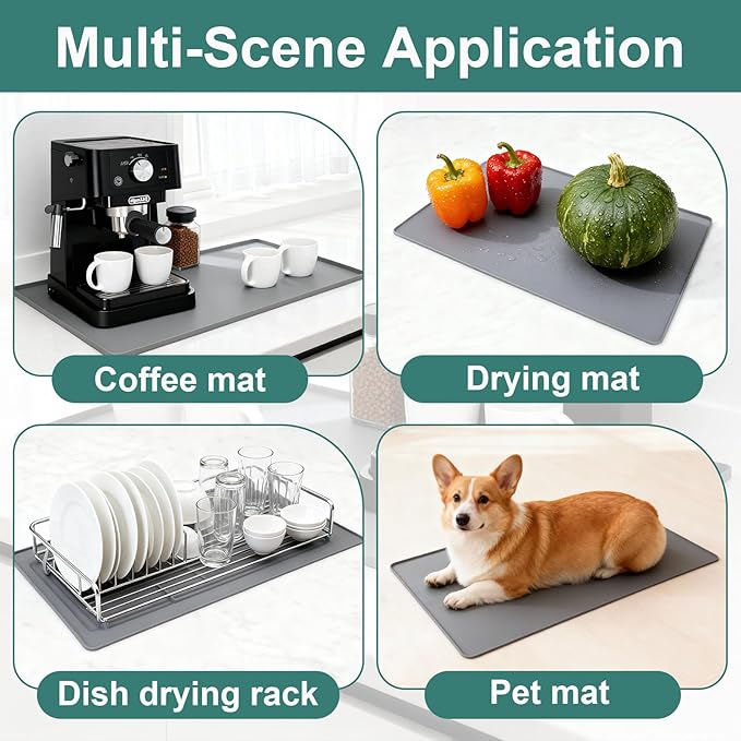 Silicone Coffee Mat, 24"X16" Heat-Resistant,Eco-friendly,Hygienic Drying Pad,Leak-Proof and Non-Slip,Removable Silicone Mat with Concave and Convex Design,（Gray 24X16）