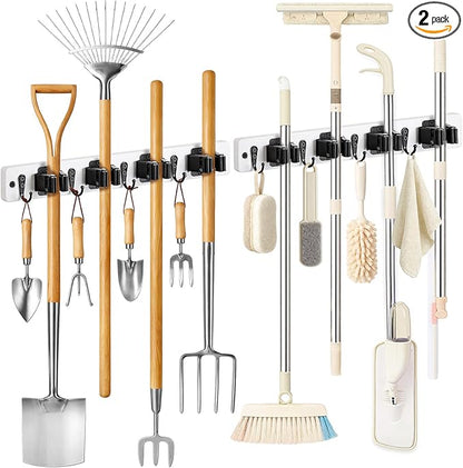 Lorbro 2 Pack Broom Holder Wall Mount, Wooden Broom and Mop Organizer Wall Hanging, Mop Hanger Rack with 4 Slots & 4 Hooks, Tool Organizer for Laundry Room, Closet, Garage, Kitchen