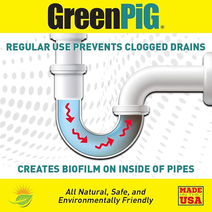GREEN PIG Drain Clog Remover, Garbage Disposal Cleaner and Deodorizer, 58 Restore Maintain Treatment Repairs Clogged Drain, Eliminates Odors, Safe for Regular Use, 12 Packets