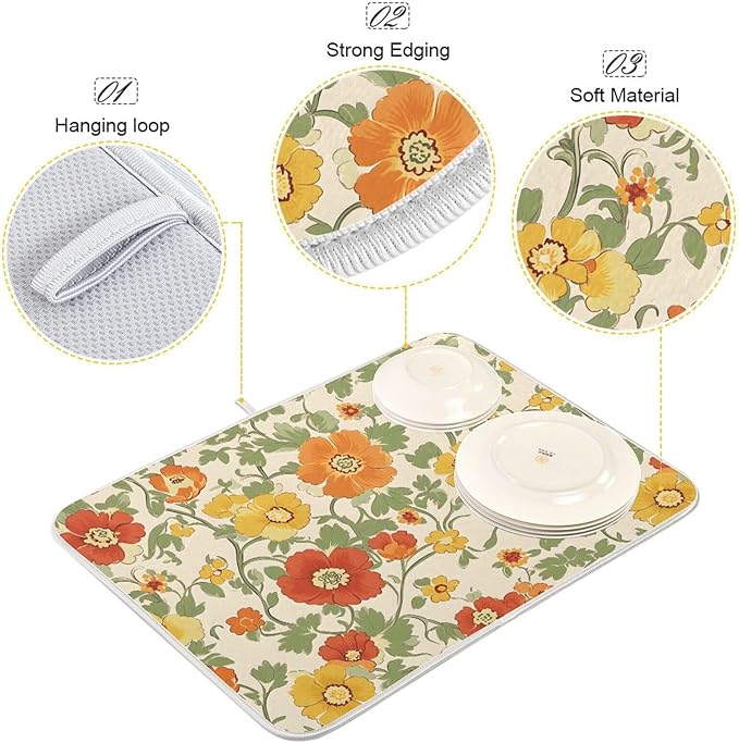 Retro Yellow Orange Flowers Dish Drying Mat for Kitchen Counter Absorbent Microfiber Drying Pad, Medium 16x18 in, Reversible Drainer Mats