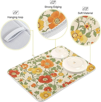 Retro Yellow Orange Flowers Dish Drying Mat for Kitchen Counter Absorbent Microfiber Drying Pad, Medium 16x18 in, Reversible Drainer Mats