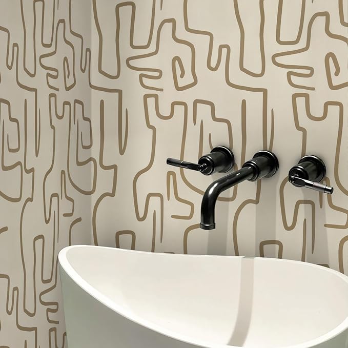 Ismoon Peel and Stick Wallpaper Modern Geometric Wallpaper 17.3inx197in Gold and Beige Contact Paper Self-Adhesive Removable Wallpaper for Bathroom Cabinets Walls Countertop Waterproof Thicken Vinyl