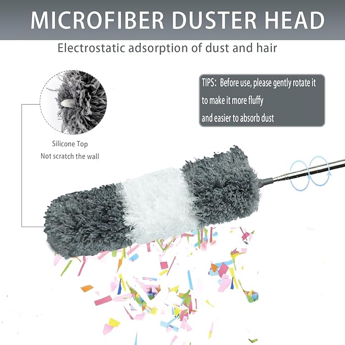 4 Pcs Microfiber Cobweb Duster with 100" Extension Pole,Bendable Ceiling Fan Duster Kit with 3 Duster Heads,Washable Reusable Spider Web Brush for High Ceiling and Walls Furniture Home