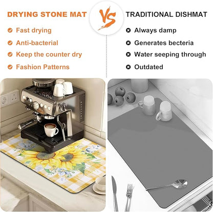 LOKHOM Dish Drying Mat for Kitchen Counter, 12"x20" Absorbent Coffee Bar Mat with Sunflowers, Vintage Floral Dish Drainer Rack Mats for Kitchen Counter Coffee Maker Pot Dining Room Decoration
