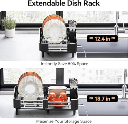 Urackify Stainless Steel Dish Drying Rack - Dish Drainer for Kitchen Counter, Extendable Drainboard with Foldable, Space-Saving Cup & Bowl Organizer, Includes Knife and Utensil Holder, Black