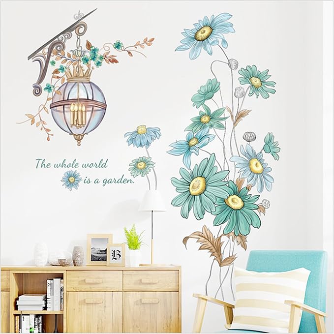 Blue Sunflower Wall Decals Vinyl Stickers, Flower Butterfly Decal Art Murals, Flower Pattern Self-Adhesive Wall Stickers for Girls Bedroom Living Room Nursery Decor