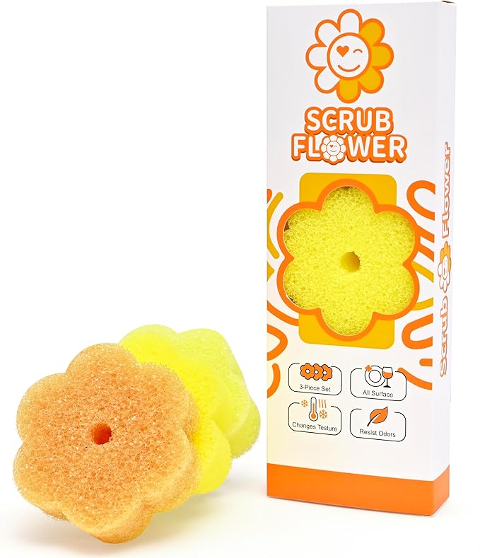 Scrub Flower Temperature Sensitive Sponges -Non-Scratch Scrubbers for Kitchen & Home - Firm in Cold & Soft in Warm Water - Odor Resistant Color-Coded Dish Sponges (Golden Sunflower, 3 Count)