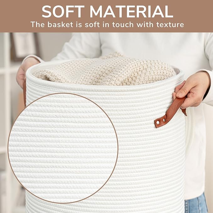 CHICVITA Tall Laundry Basket with Lid, White Clothes Laundry Hamper for Nursery, Cotton Rope Storage Basket for Clothes, Blankets, Toys, Laundry Bin, 15 x 20 inches