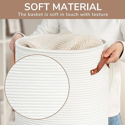 CHICVITA Tall Laundry Basket with Lid, White Clothes Laundry Hamper for Nursery, Cotton Rope Storage Basket for Clothes, Blankets, Toys, Laundry Bin, 15 x 20 inches