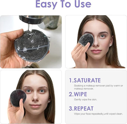 SUNLAND Reusable Makeup Remover Pads for Face,Eye,Lips 32 Pack Microfiber Face Cleansing Gloves Washable with Laundry Bag and Travel Bag Rounds Toner Pads（Round 3.15inchx32,Dark Grey）