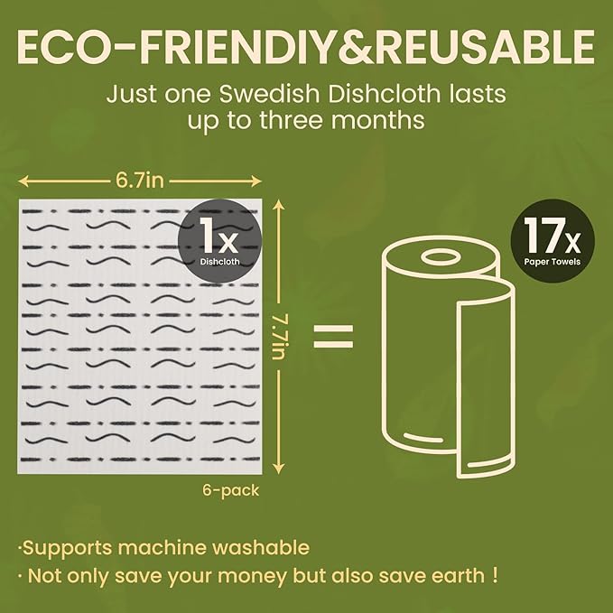 Swedish Dishcloths for Kitchen Reusable 6 Pack Kitchen Towels No Odor Quick-Drying Reusable Paper Towels Reusable Paper Towels Washable for Countertop Sink Kitchen