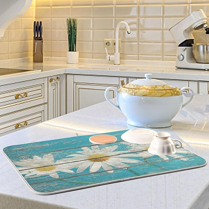 Daisy On Old Wooden Board Dish Drying Mat for Kitchen Counter Turquoise Wood Drying Mat 16 x 18 Inch with High Absorbent Reversible Microfiber Dish Drying Pad Drainer Mat for Coffee Bar