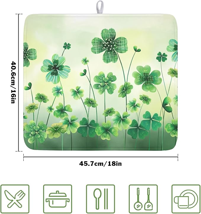 St Patrick's Day Dish Drying Mat for Kitchen Counter Green Lucky Shamrock Pattern Drying Mat 16x18 Inch Spring Holiday Absorbent Dish Drainer Mat Kitchen Accessories