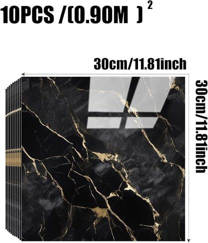 Chejiaye 10pcs Marble Peel and Stick Backsplash Waterproof Washroom Wall Panels, Peel and Stick Tile, PVC Foam Wall Panels for Kitchen,Bathroom,Living Room,Black Gold(Not Real Tile,11.8" x 11.8")
