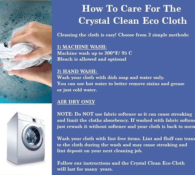 Crystal Clean Eco-Cloth Amazing Lint-Free/Streak-Free/Chemical-Free Microfiber Cloth for Windows & Glass/Mirrors Stainless Steel Appliances TV/Computer/ Tablets...5 in a Pack, White, 16''x16''