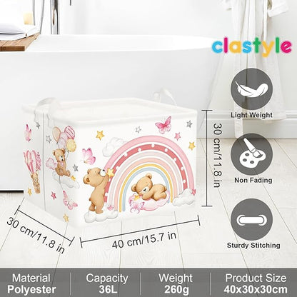 Clastyle Rainbow Baby Laundry Hamper Cloud Kid Storage Basket Women Girl Gift Toy Box Collapsible Clothes Organizer Nursery Bin for Bedroom,Bear,40 * 30 * 30 cm