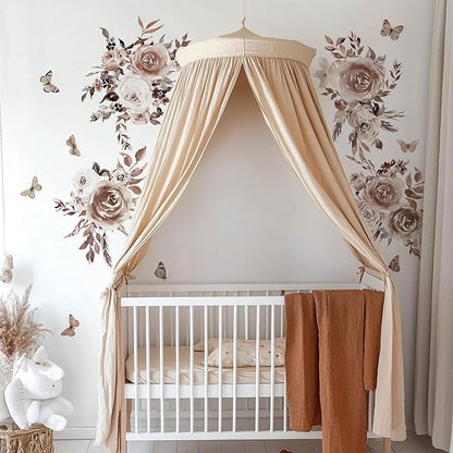 Fabric Peel and Stick Floral Wall Decal, Self-Adhesive Peony Flowers Wallpaper, Rose Sticker for Mother's Day, Mocha Peony