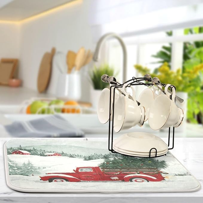 Happy Christmas Tree Kitchen Countertop Decor Kitchen Drainer Mat Drying Matts for Dishes Microfiber Dryer Kitchen 16 x 18