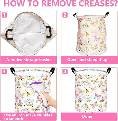 KUNRO Round Spring Butterfly Laundry Gift Basket Storage Hamper, Clothes Storage Organizer Bins, Shelf Basket with Handles for Room Decor