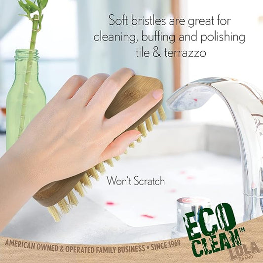 LOLA Bamboo Scrub Brush for Cleaning, Ergonomic Sustainable Durable Poly Bristles Made from Recycled Soda/Water Bottles Easy Hang Hole 1 Pack