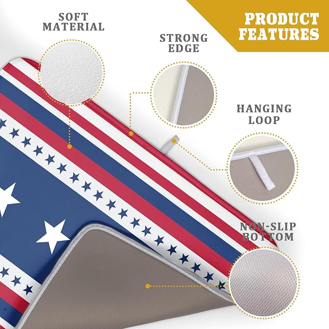 4th of July Dish Drying Mat For Kitchen Counter Independence Day Patriotic Star Stripes Memorial Day Microfiber Absorbent Drying Mats Reversible Kitchen Countertop Drainer Pad 18x24 Inch