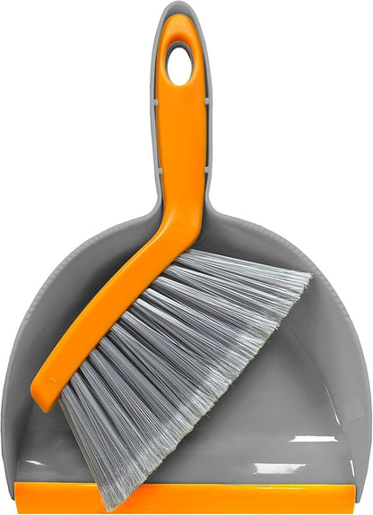 Mini Broom with Dustpan Combo Set Small Dust pan and Brush Set Quick Cleanup Debris Dust for Floor Countertop Worktop Desk Pet Cage (Grey+Orange)