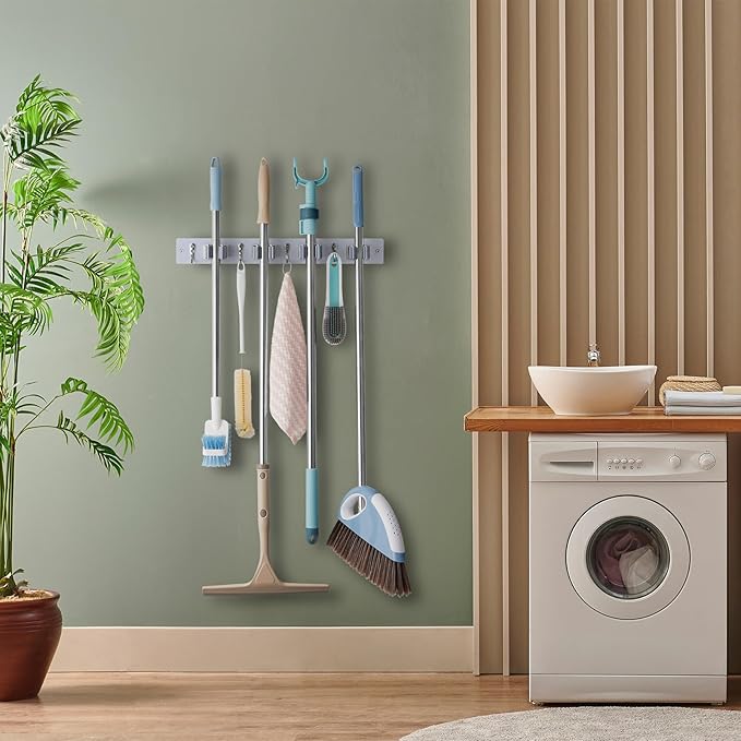 OUTNILI Gray Mop Broom Holder Wall Mount with 4 Slots & 4 Hooks - Wood Broom Mop Hanger for Pantry Closet Laundry Room Organization - Heavy Duty Garden Tool Organizer