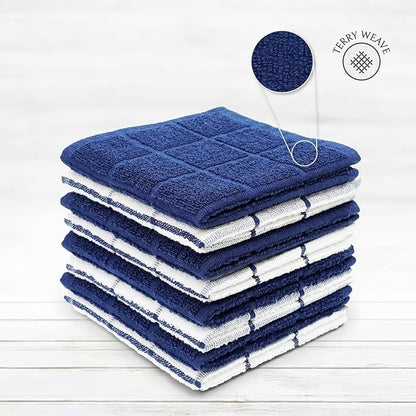 100% Cotton Terry Dish Cloth & Dish Towel, 8 Pack, Super Soft and Absorbent Kitchen Towels, Perfect for Kitchen Cleaning and Dish Washing (Navy (Solid and Check) 8 Pack)