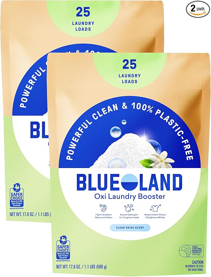 BLUELAND Oxi Laundry Booster Powder Refill 2-Pack, Clear Skies Scent, 50 Loads, 35.2 oz, Plastic-Free, Eco Friendly, Oxy Cleaner, Stain Remover