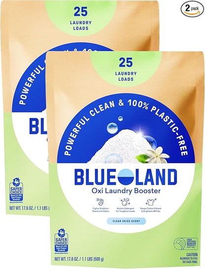 BLUELAND Oxi Laundry Booster Powder Refill 2-Pack, Clear Skies Scent, 50 Loads, 35.2 oz, Plastic-Free, Eco Friendly, Oxy Cleaner, Stain Remover