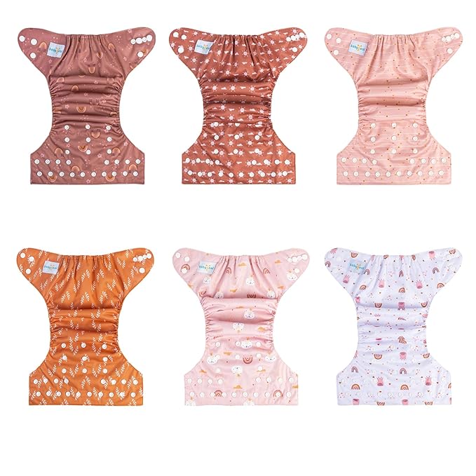babygoal Baby Cloth Diapers 6 Pack with 6pcs Rayon from Bamboo Inserts and Wet Bag, One Size Reusable Washable Pocket Nappy Covers for Infant Boys and Girls