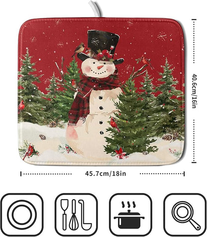 Christmas Snowman Dish Drying Mat for Kitchen Counter 16x18 Inch Watercolor Xmas Tree Bird Print Absorbent Reversible Microfiber Drying Mats Kitchen Countertop Protector Dishes Drainer Rack Pad