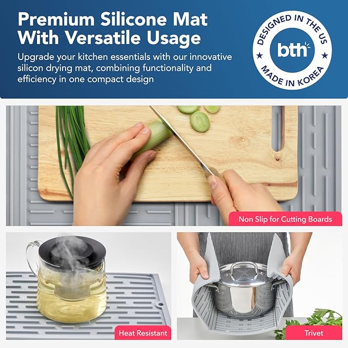 BTH 24" Extra Wide Foldable Dish Drying Mat for Kitchen Countertop, Made In Korea, Heat-resistant Premium Non-slip Silicone Mat, Large Dish Drainer Mat, Compact Folding Sink Liner Dishwasher Safe