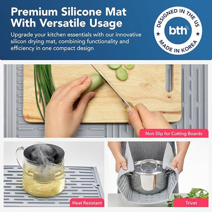 BTH 24" Extra Wide Foldable Dish Drying Mat for Kitchen Countertop, Made In Korea, Heat-resistant Premium Non-slip Silicone Mat, Large Dish Drainer Mat, Compact Folding Sink Liner Dishwasher Safe