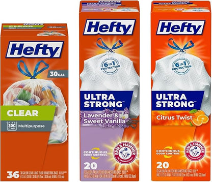 Hefty Trash & Recycling Bags Variety Pack – 30 Gallon Clear (36 CT) + 13 Gallon Citrus Twist (20 CT) + 13 Gallon Lavender Vanilla (20 CT), 1 CT