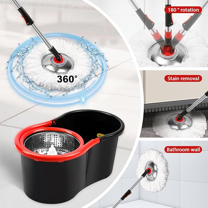 Spin Mop and Bucket with Wringer Set, 360° Spinning Mop and Bucket System with 3 Microfiber Mop Replacement Heads and 51" Stainless Steel Adjustable Handle for Mop Floor Cleaning