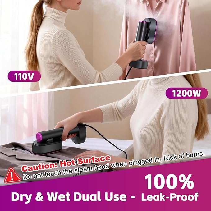 Handheld Garment Steamer, 2-in-1 Steamer & Iron, 1200W Fast Heat, Portable Travel Steamer with LED Display, 6 Modes, for Home & Travel