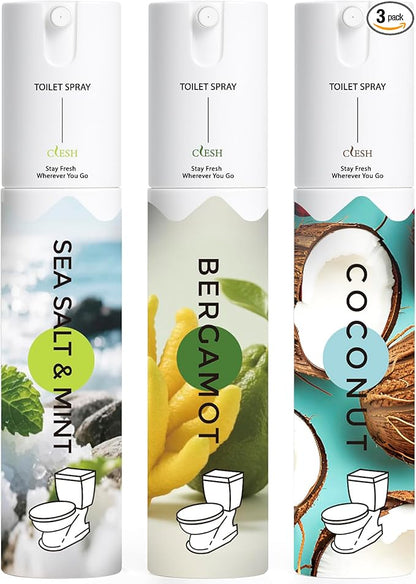 Travel Size Toilet Spray, Bathroom Odor Eliminator, 3 Pack, 1 fl oz Each, Up to 150 Uses, For Home and Travel, Essential Oils Freshener Spray, Sea Salt & Mint, Bergamot, Coconut