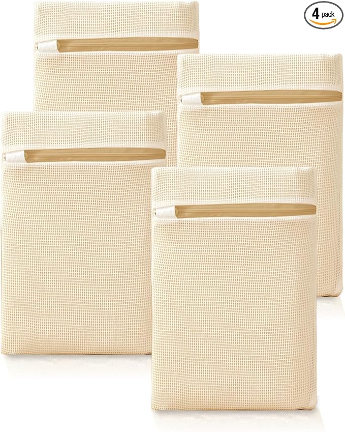 ABRRLO 4Pcs Cotton Mesh Laundry Bags for Delicates,Breathable Mesh Garment Bag for Washing Machine,Travel Wash Bags with Zipper for Bras,Underwear,Socks,Baby Clothes,Laundry Dorm Room Essentials(S)