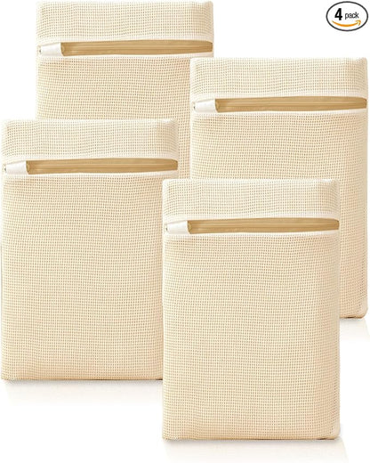 ABRRLO 4Pcs Cotton Mesh Laundry Bags for Delicates,Breathable Mesh Garment Bag for Washing Machine,Travel Wash Bags with Zipper for Bras,Underwear,Socks,Baby Clothes,Laundry Dorm Room Essentials(S)