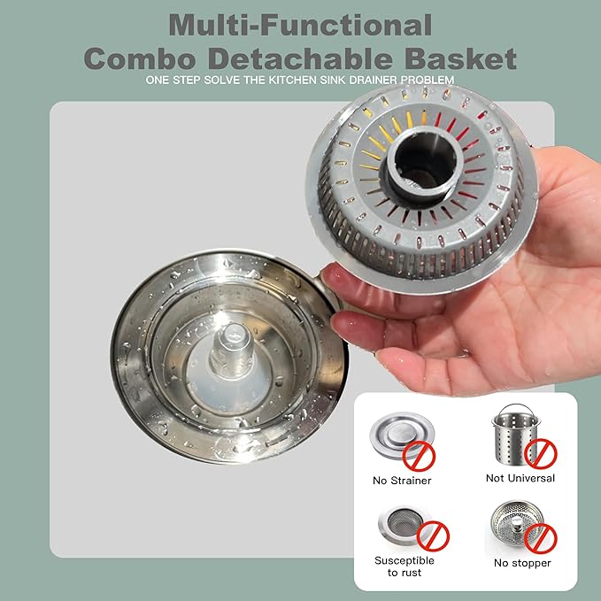 Kitchen Sink Drain Strainer 3 in 1, 304 Stainless Steel Pop Up Sink Stopper, Anti-Clogging Sink Stopper, Kitchen Drain Catcher, Food Catcher for US Standard (Silver Brushed 2#)