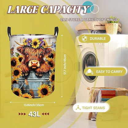 Highland Cow Laundry Basket, Sunflower Oxford Cloth Laundry Hamper, Waterproof Collapsible Storage Bin with Handles for Bedroom, Nursery Home Storage, Gift for Chritsmas Thanksgiving 13.8x17.7in