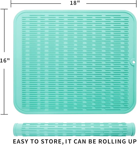 MicoYang Silicone Dish Drying Mat for Multiple Usage,Easy clean,Eco-friendly,Heat-resistant Silicone Mat for Kitchen Counter or Sink,Refrigerator or Drawer Liner Mint XL 18 inches x 16 inches