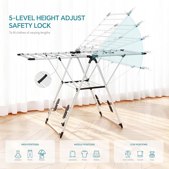 RUIE Clothes Drying Rack with 2 Tier Adjustable Design, 21 Rails Heavy Duty Laundry Drying Rack with Side Clips and Shoe Holders, Foldable Clothes Drying Rack for Indoor and Outdoor Use