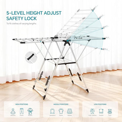 RUIE Clothes Drying Rack with 2 Tier Adjustable Design, 21 Rails Heavy Duty Laundry Drying Rack with Side Clips and Shoe Holders, Foldable Clothes Drying Rack for Indoor and Outdoor Use